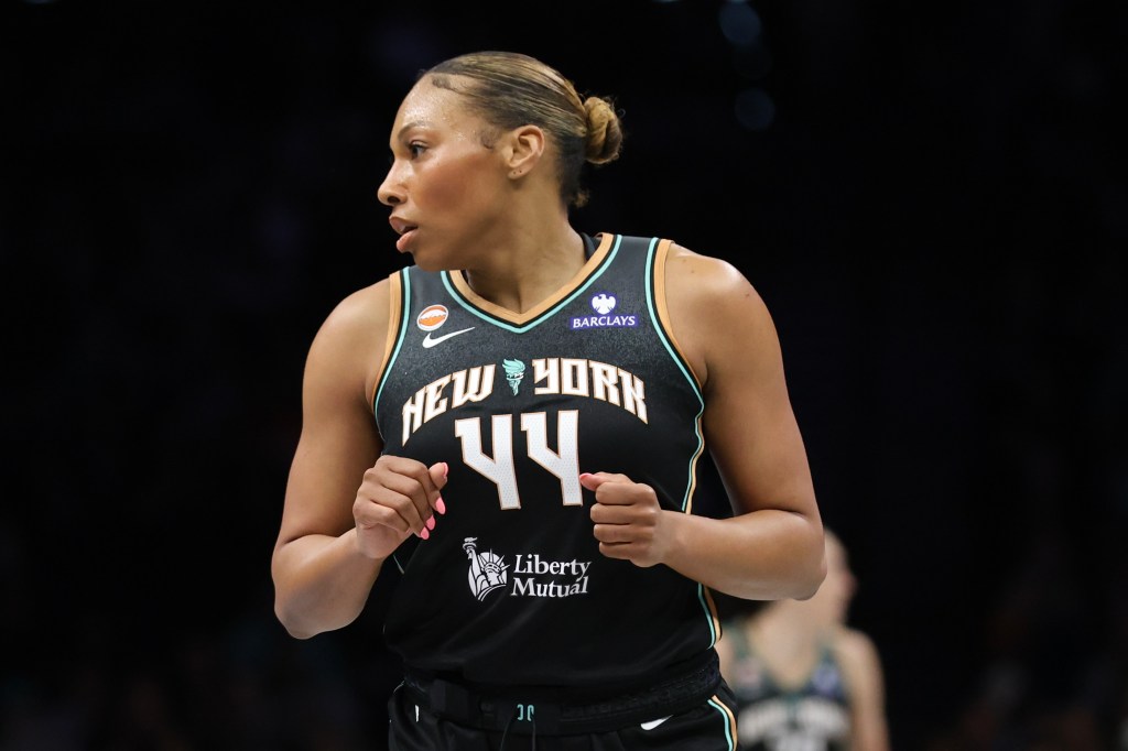 Betnijah Laney-Hamilton in her New York Liberty uniform during a preseason game.