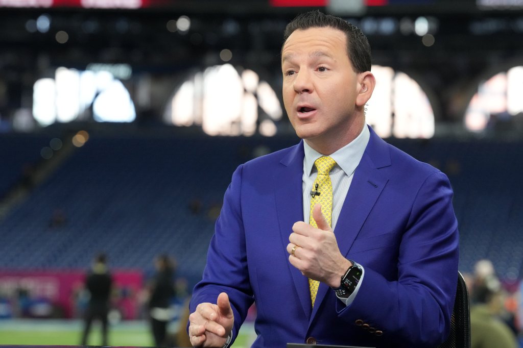 NFL Nework reporter Ian Rapoport looks on from the set during the NFL Scouting Combine at Lucas Oil Stadium on February 28, 2026. 