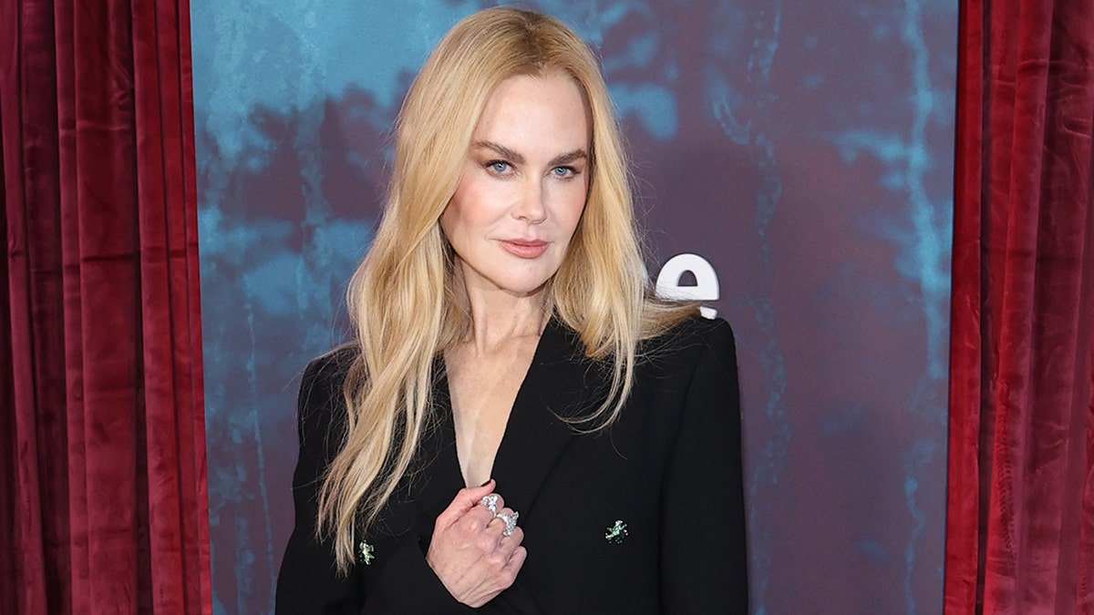 Nicole Kidman wearing a black suit jacket with sheer tulle at the New York premiere of Scarpetta