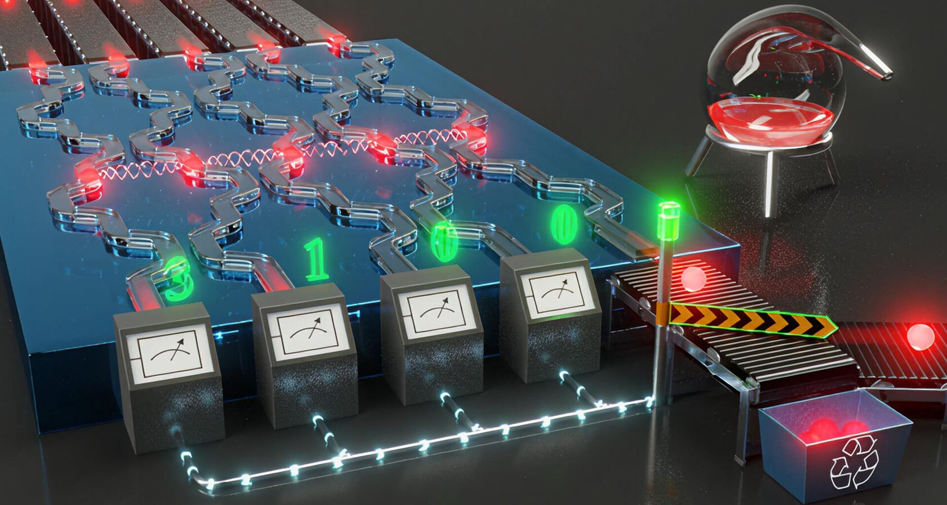 An illustration of a conveyor belt with various red dots on it red out as numbers in green.