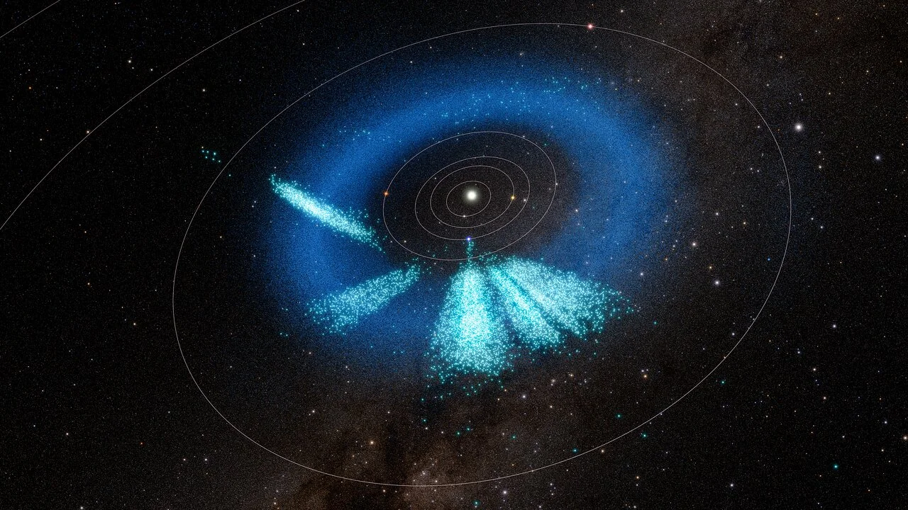 A model of the inner Solar System showing the asteroids discovered by Rubin in light teal. Known asteroids are dark blue. Credit: NSF–DOE Vera C. Rubin Observatory/NSF NOIRLab/SLAC/AURA/R/NASA/Goddard/ESA/Gaia/DPAC