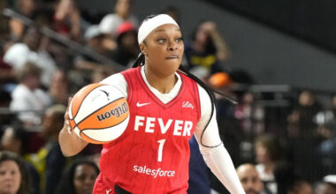 Odyssey Sims #1 of the Indiana Fever dribbles the ball during a WNBA game against the Washington Mystics in Baltimore.