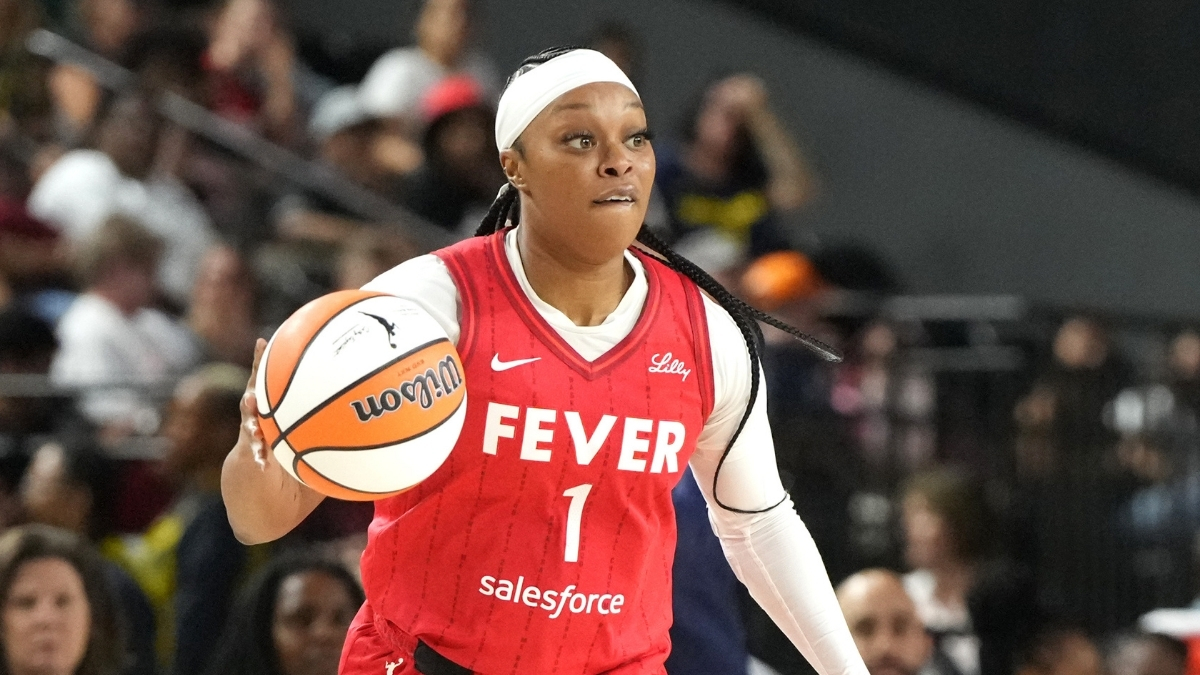 Odyssey Sims #1 of the Indiana Fever dribbles the ball during a WNBA game against the Washington Mystics in Baltimore.