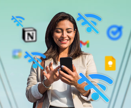 A person in a blazer looks at their phone. The person is in front of a teal background with various app icons