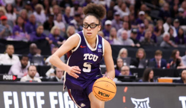 Olivia Miles #5 of the TCU Horned Frogs dribbles up the court during the Elite Eight round of the 2026 NCAA Women's Basketball Tournament in Sacramento.