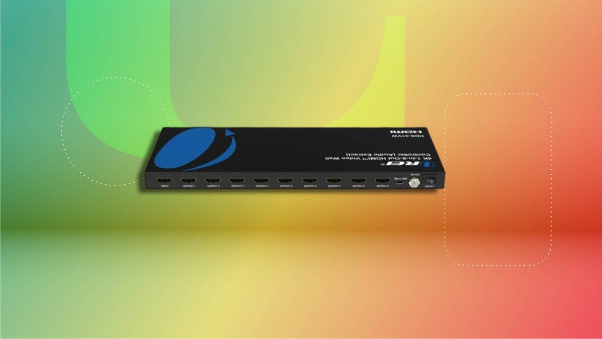 Black HDMI video wall controller box on CNET background