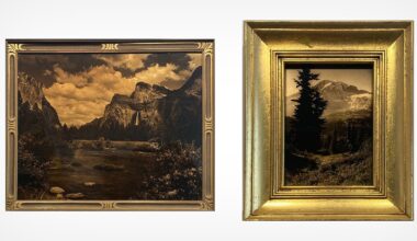 Two framed vintage landscape photographs: the left shows a river with mountains in the background, and the right shows a mountain behind trees, both in decorative gold frames.