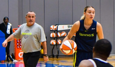 Dallas Wings star Paige Bueckers handles the ball in transition while head coach Jose Fernandez watches from the sideline at College Park Center.