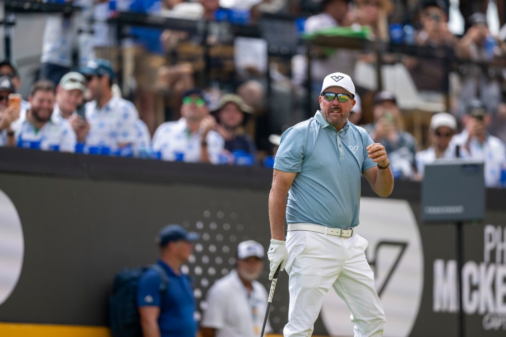 Phil Mickelson reacts after a shot during LIV Golf South Africa.