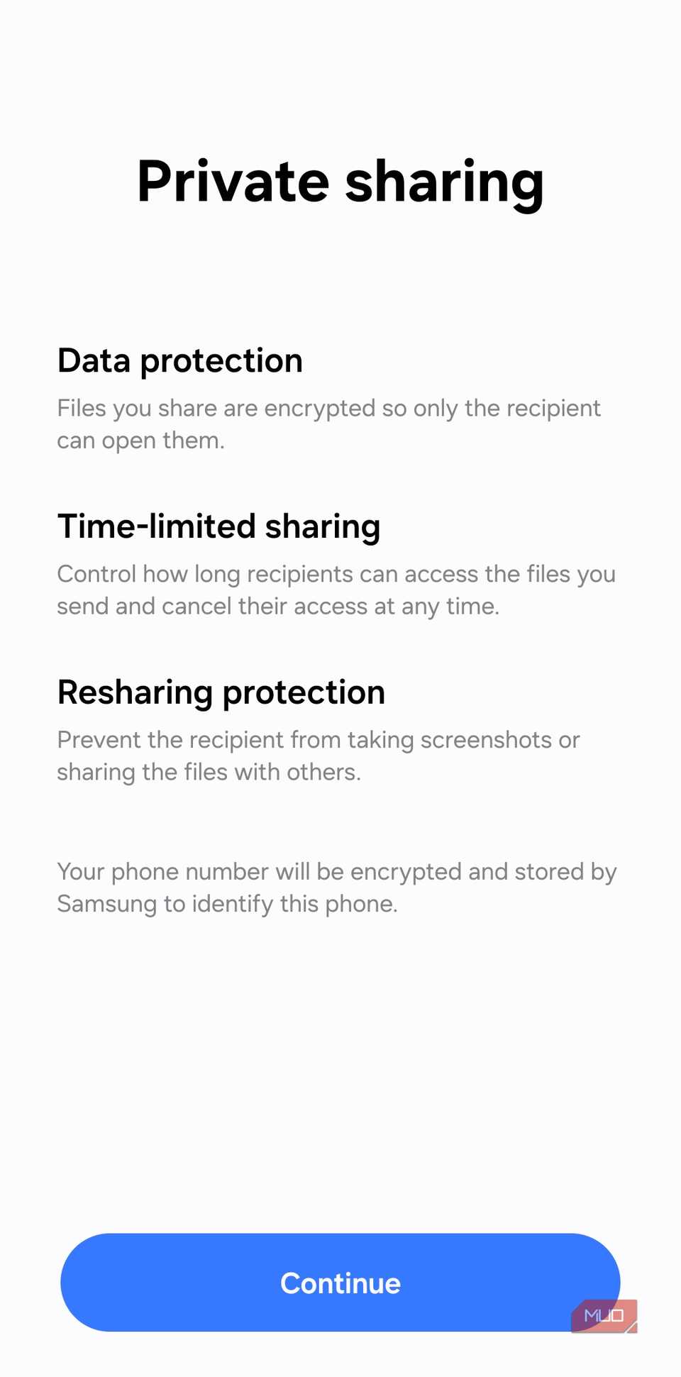 Private sharing on Samsung phone