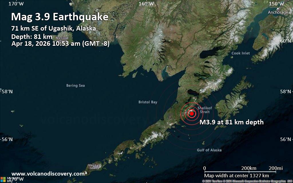 Small Magnitude 3.9 Earthquake 44 Miles Southeast of Ugashik, Alaska, United States
