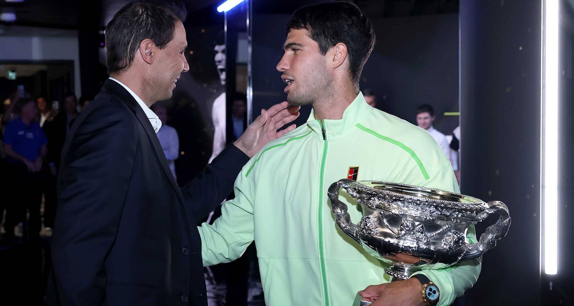 Rafael Nadal and Carlos Alcaraz following Alcaraz's Australian Open triumph this year.