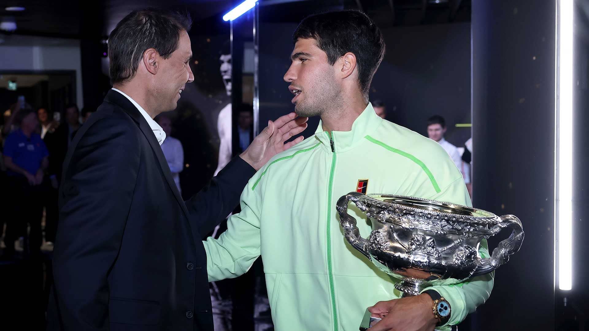 Rafael Nadal and Carlos Alcaraz following Alcaraz's Australian Open triumph this year.