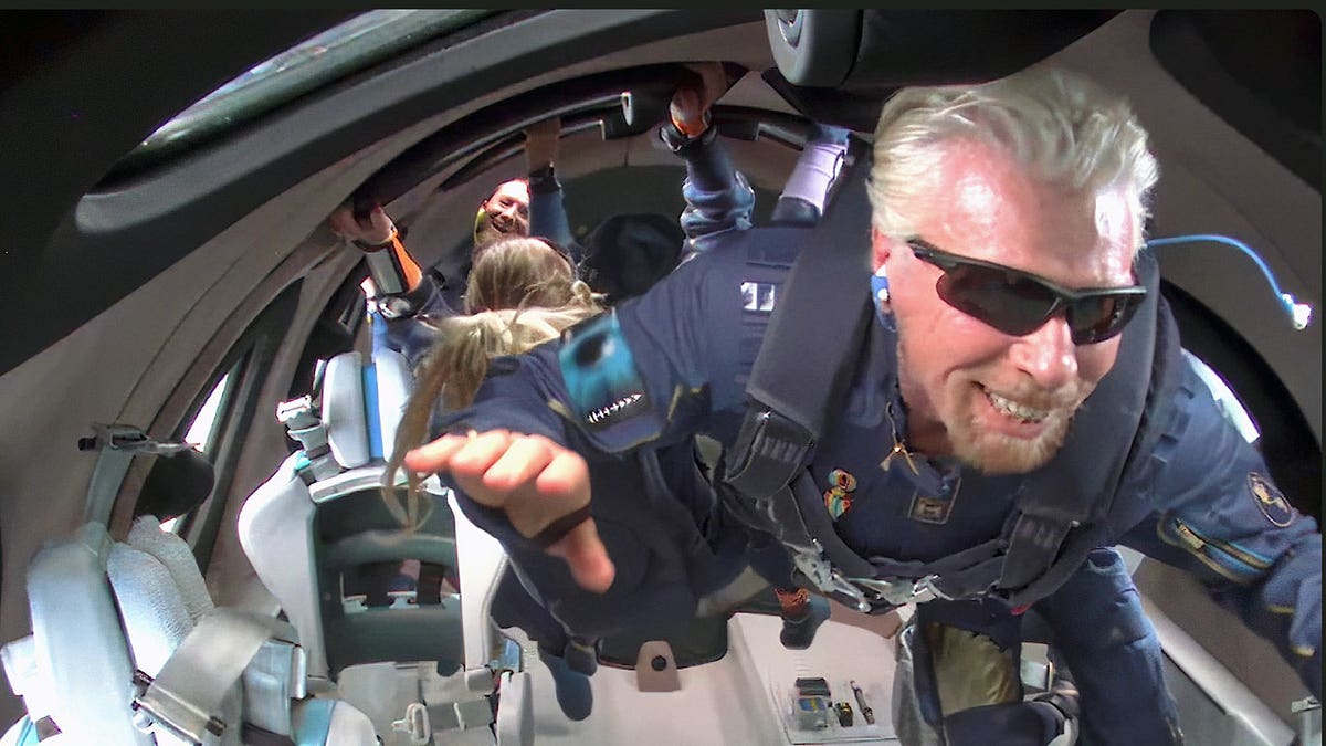 Richard Branson floating in zero gravity
