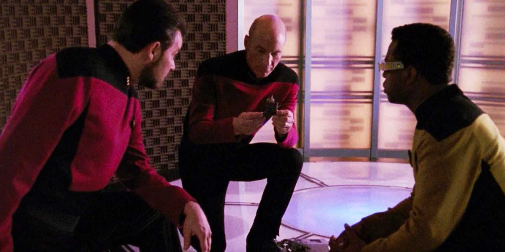 Riker (Jonathan Frakes), Picard (Patrick Stewart), and La Forge (LeVar Burton) investigate the transporter pad Star Trek: The Next Generation, "Hollow Pursuits." 