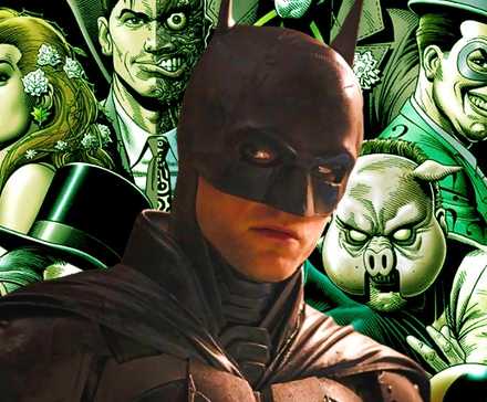 Robert Pattinson as Batman In Costume Looking To The Side In The Batman With Batman Villains From The DC Comics
