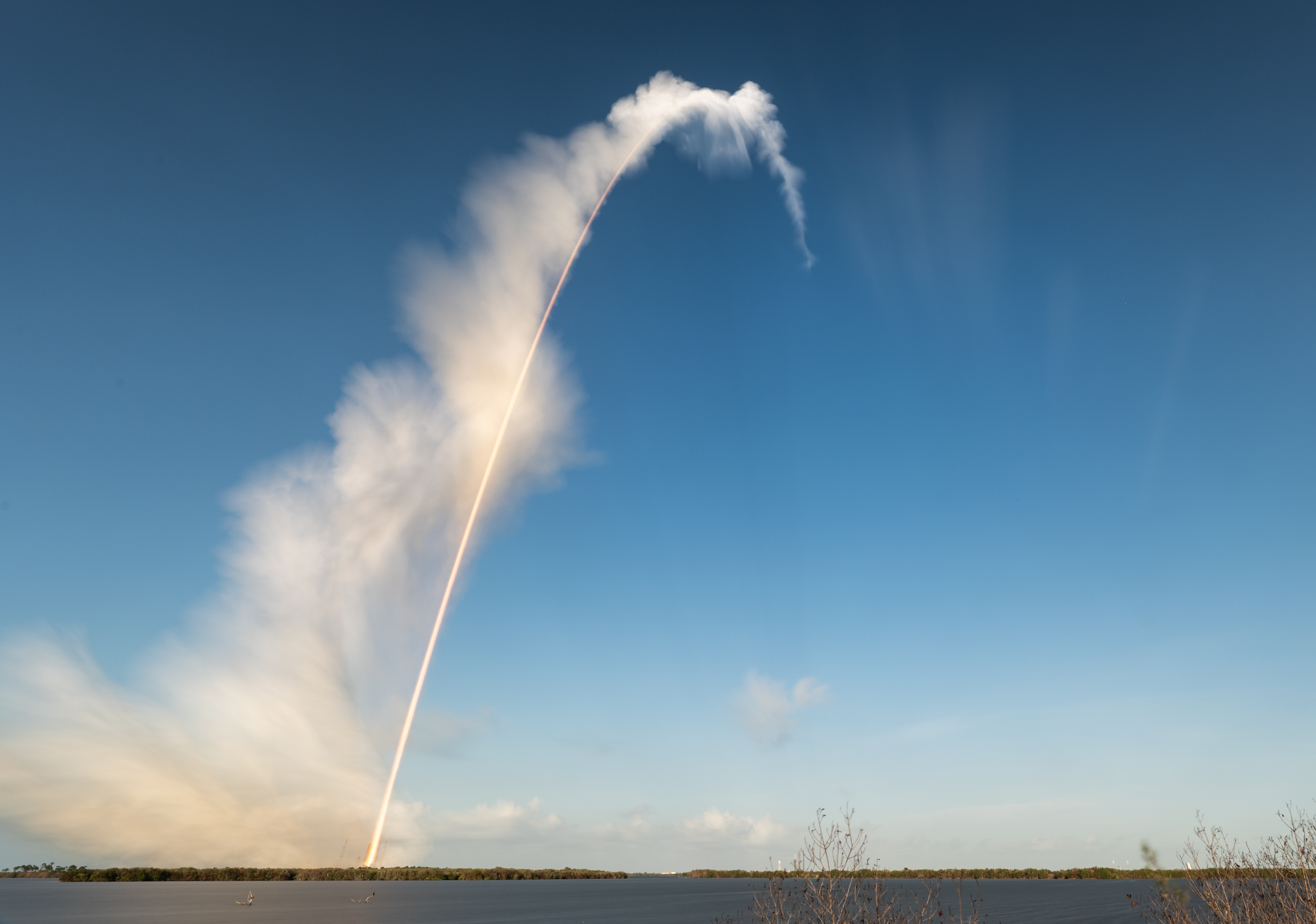 In this three minute exposure, NASA’s Space Launch System rocket carrying the Orion spacecraft launches on the Artemis II mission