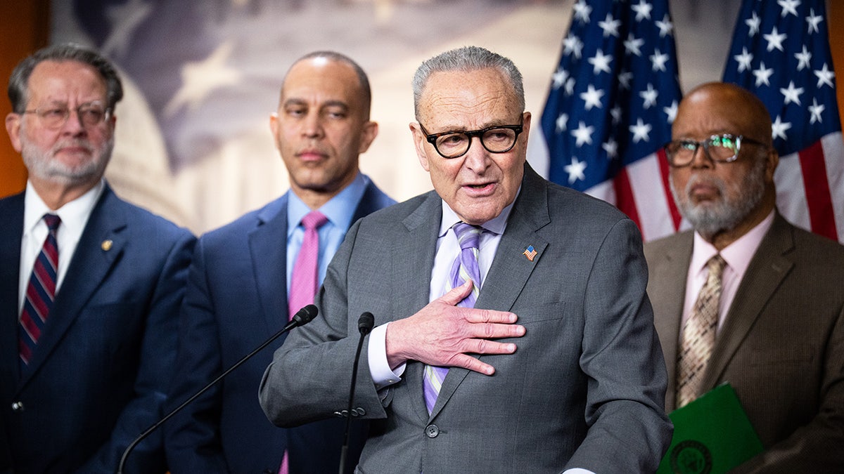 Senate Minority Leader Chuck Schumer speaking at a news conference in the U.S. Capitol with other Democratic leaders