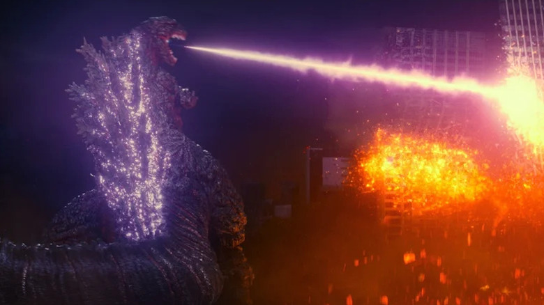 Godzilla blasts a building with his atomic breath in Shin Godzilla