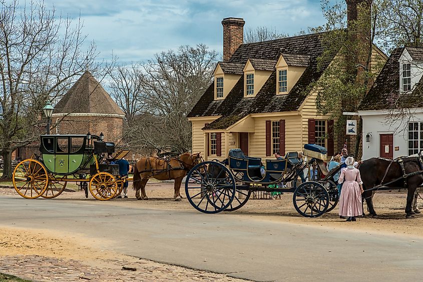 Horse drawn carriage tours in British Colony in Williamsburg, Virginia. 