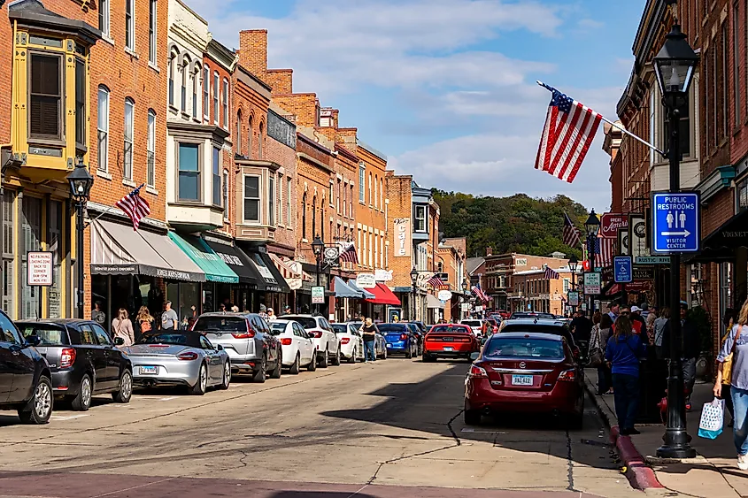 View of Main Street in historical downtown area of Galena, Illinois.
