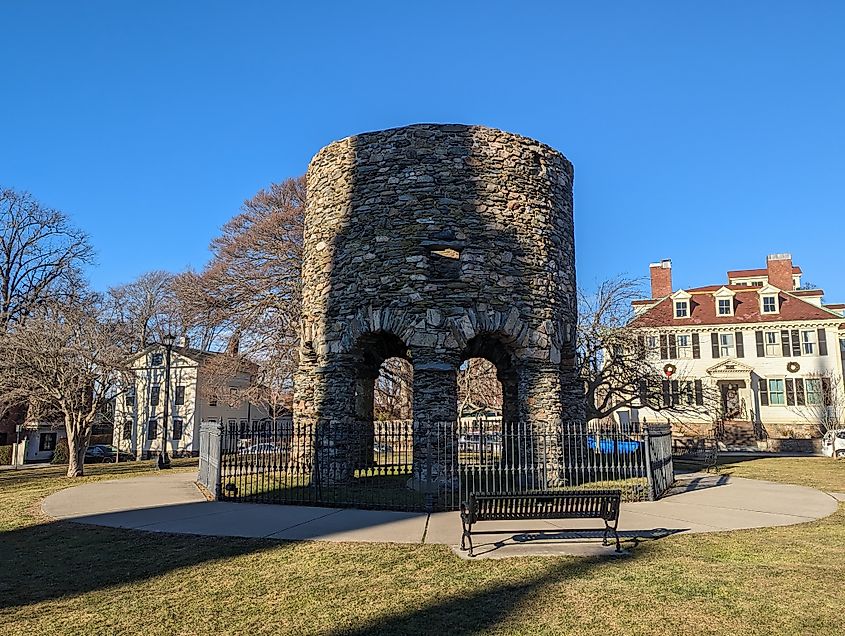 View of the Newport Tower at Touro Park in Newport, Rhode Island.