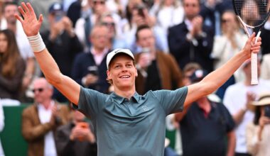 Jannik Sinner celebrates his straight-sets win against Carlos Alcaraz Sunday in the Monte-Carlo final.