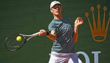 Jannik Sinner trains ahead of the 2026 Rolex Monte-Carlo Masters.