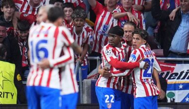 Atletico Madrid's Ademola Lookman celebrates with teammates after scoring his side's opening goal during the Champions League quarterfinal second leg soccer match between Atletico Madrid and Barcelona in Madrid, Spain, Tuesday, April 14, 2026. (AP Photo/Manu Fernandez)