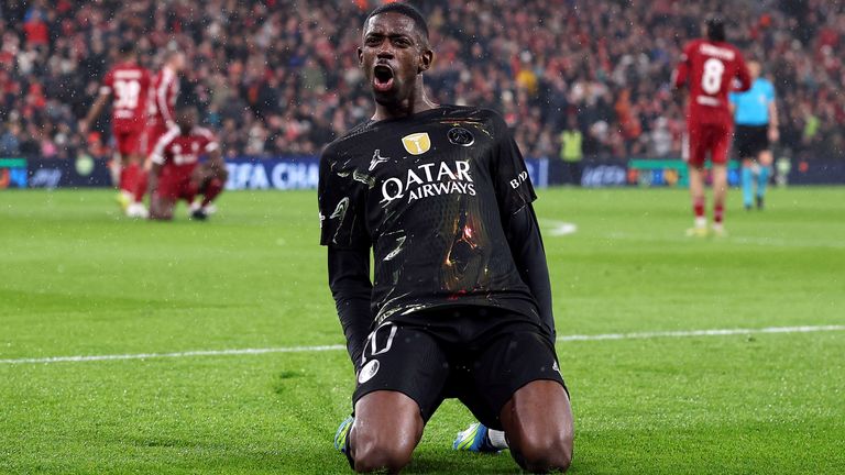 Ousmane Dembele celebrates after scoring against Liverpool