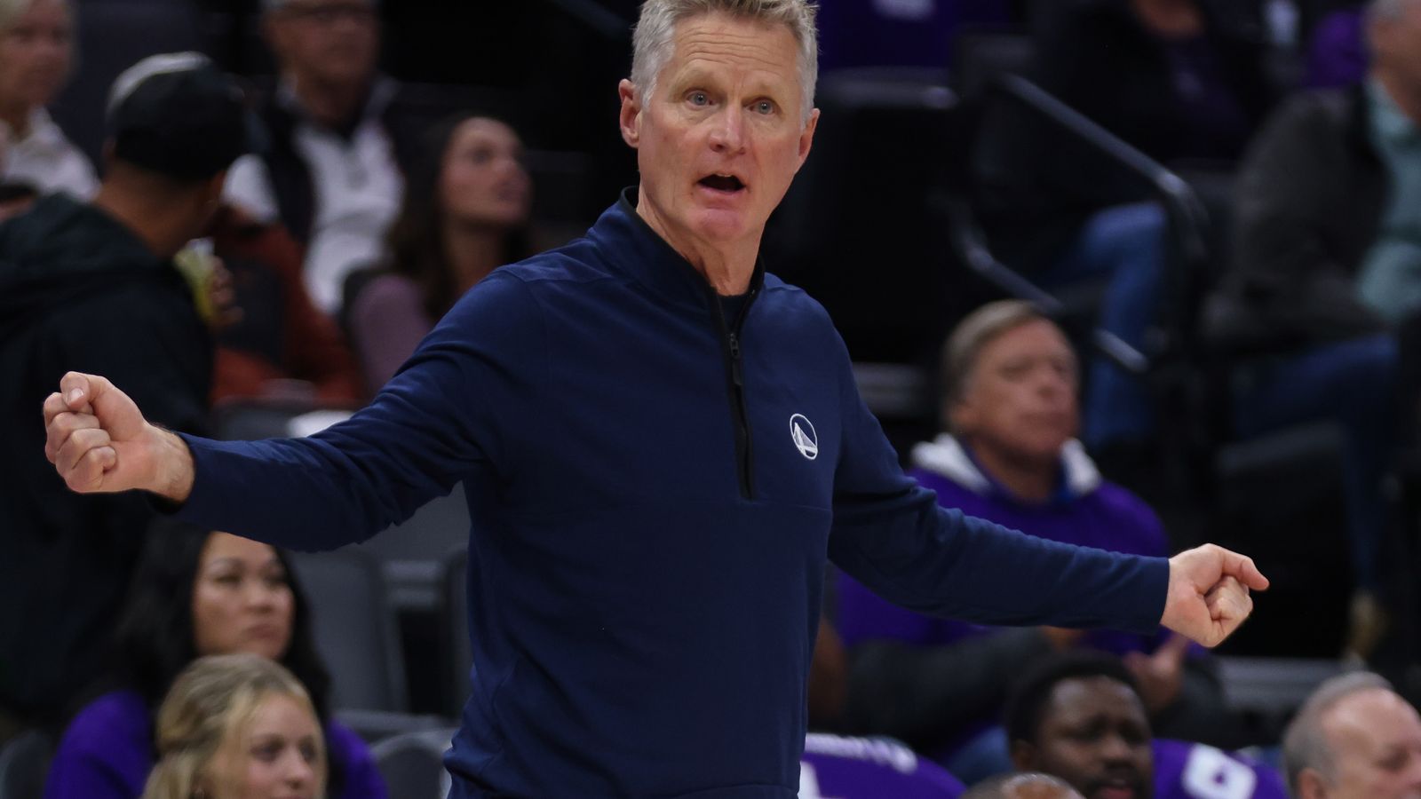 Golden State Warriors head coach Steve Kerr reacts (AP Photo/Scott Marshall)