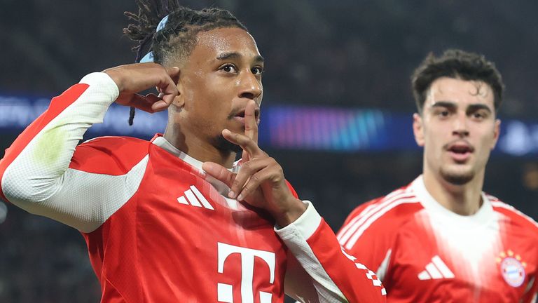 Michael Olise celebrates bringing Bayern level at 2-2