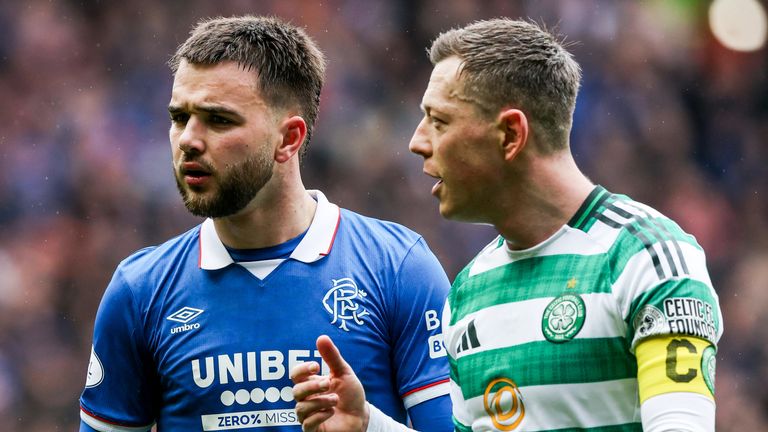 GLASGOW, SCOTLAND - MARCH 01: Celtic's Callum McGregor (R) and Rangers' Nicolas Raskin during a William Hill Premiership match between Rangers and Celtic at Ibrox Stadium, on March 01, 2026, in Glasgow, Scotland. (Photo by Craig Williamson / SNS Group)