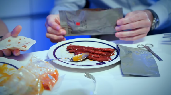 A sample test meal on a plate next to silver bags