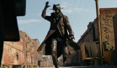 man in 1940s trench coat and black mask with hat running down a street ready to attack