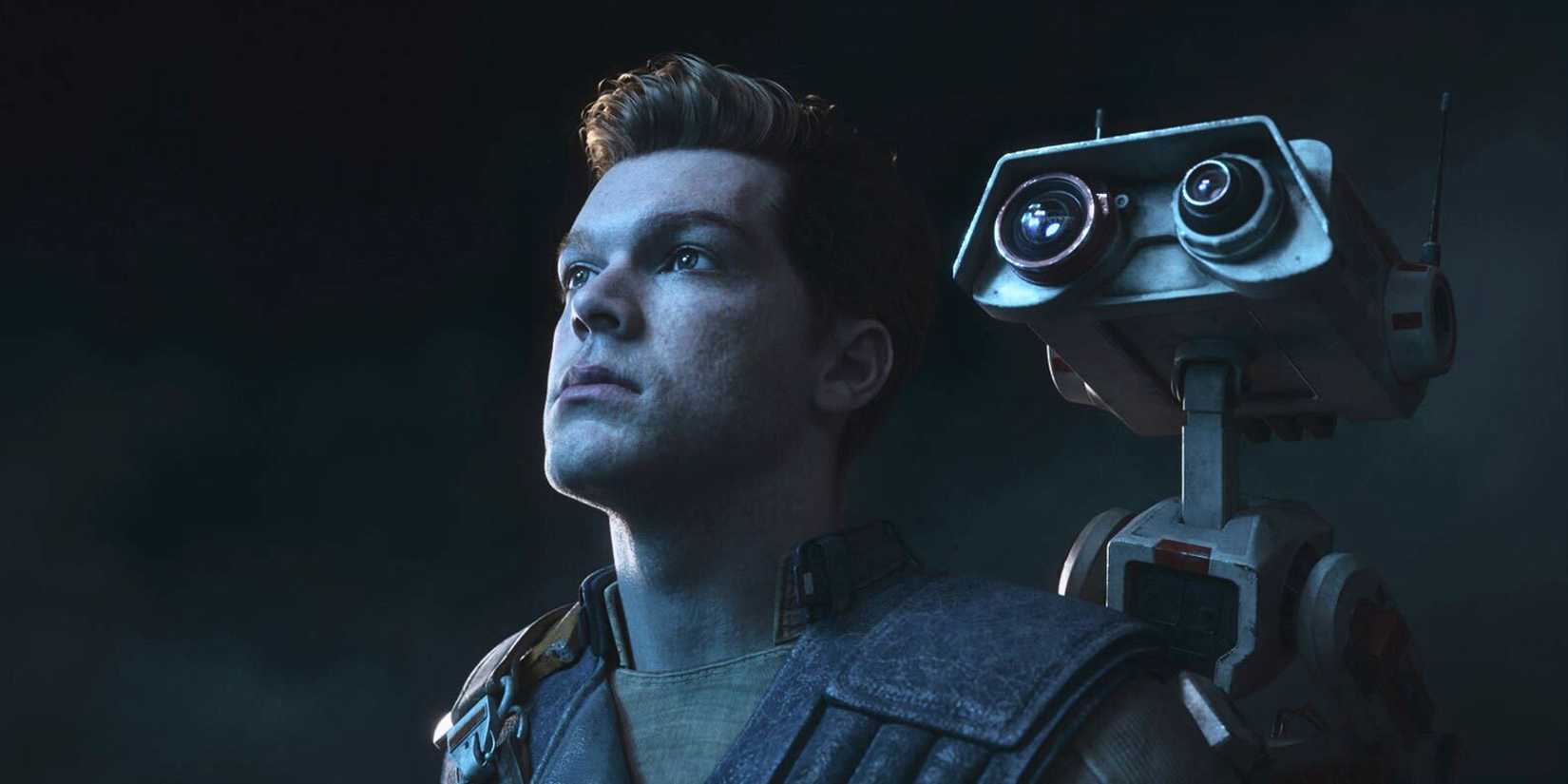 Star Wars Jedi Survivor's Cal Kestis and BD-1 looking up at the sky on a dark night