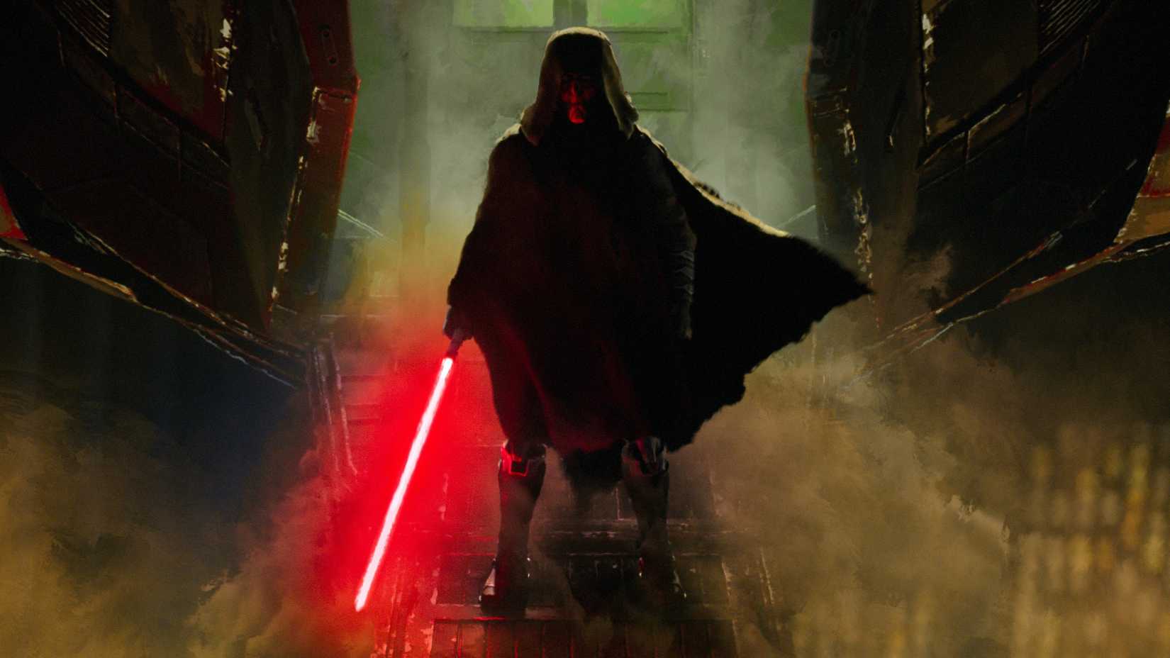 Darth Maul wearing a hood and holding his red lightsaber in Star Wars: Maul - Shadow Lord (2026)