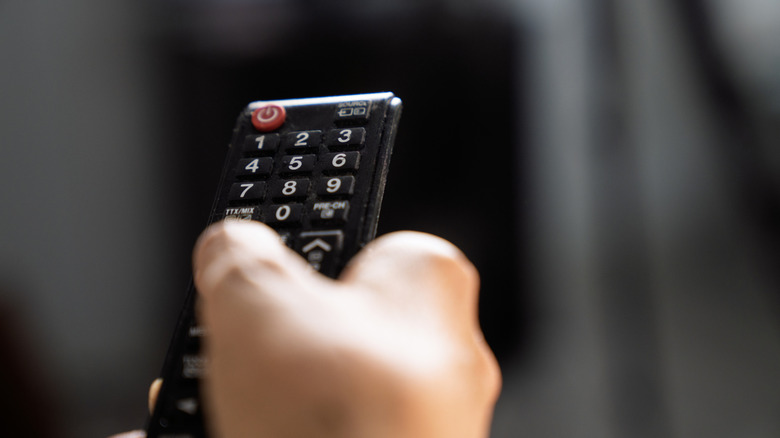 A person holds a TV remote
