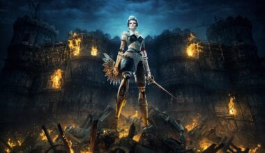 A doll warrior stands atop burning rubble.