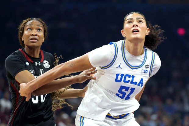 UCLA center Lauren Betts blocks out South Carolina's Maryam Dauda on a potential rebound during the Bruins' 79-51 victory in the NCAA championship game at Mortgage Matchup Center on April 05, 2026 in Phoenix. (Photo by Christian Petersen/Getty Images)