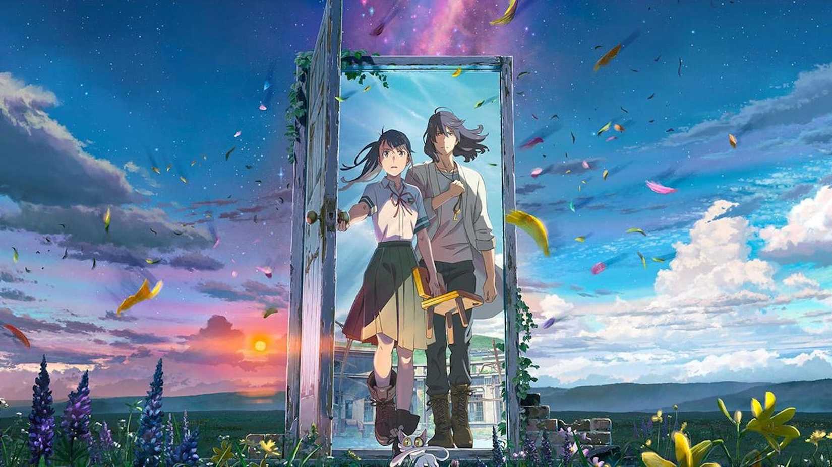 An animated couple walking through a door portal in Suzume.