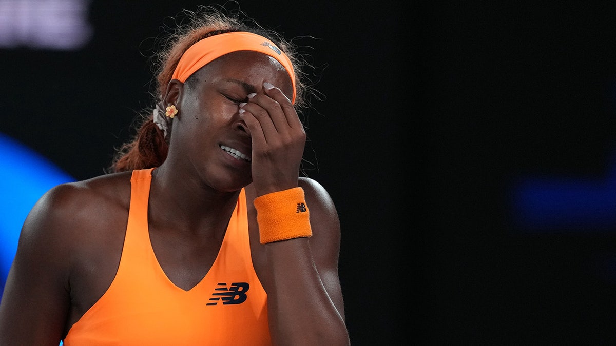 Coco Gauff reacting during her quarterfinal match at the Australian Open in Melbourne