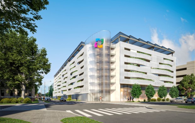 A rendering shows the "arrival center" at Hartford Hospital that is now under construction and is expected to partially open in late 2027. The view is from the corner of Jefferson and Washington streets. The center will include a new parking garage, conference center and a restaurant. (Hartford HealthCare)
