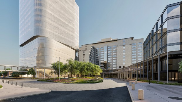A conceptual rendering shows the planned, $950 million patient and surgical tower, at left, that is expected to open in 2031 at Hartford Hospital. The tower would be built between the Jefferson and High Buildings. (Hartford HealthCare)