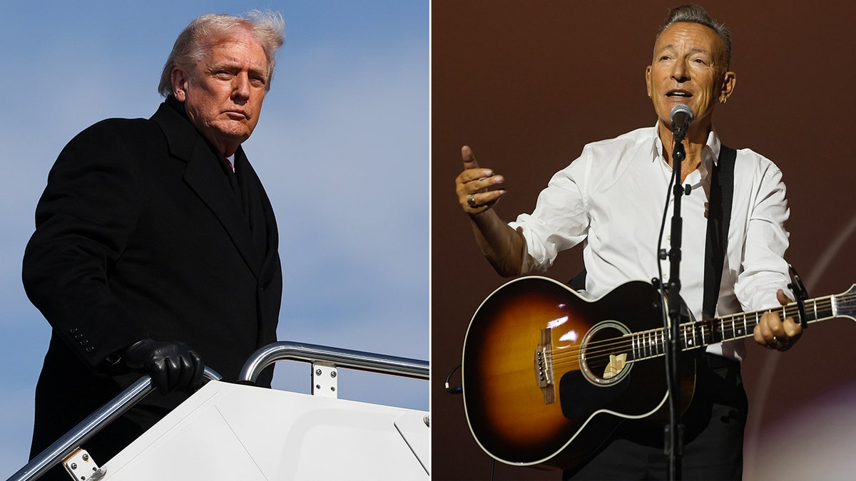 President Donald Trump speaking at a podium with Bruce Springsteen performing on stage
