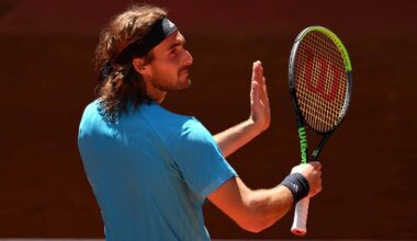 Stefanos Tsitsipas celebrates his win against Daniel Merida on Monday at the Mutua Madrid Open.