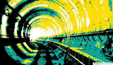an illustration of an underground tunnel gong bending around a corner to the left using mostly green, yellow and black, with the light of the tunnel exit in the near distance