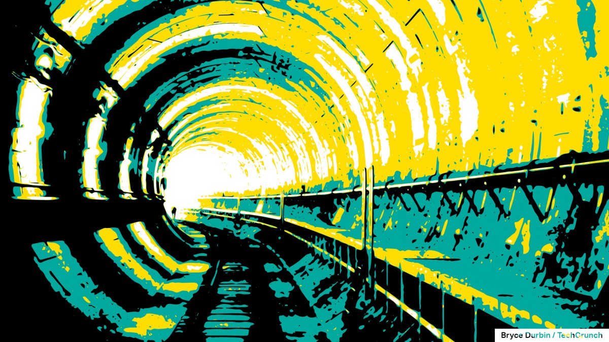 an illustration of an underground tunnel gong bending around a corner to the left using mostly green, yellow and black, with the light of the tunnel exit in the near distance