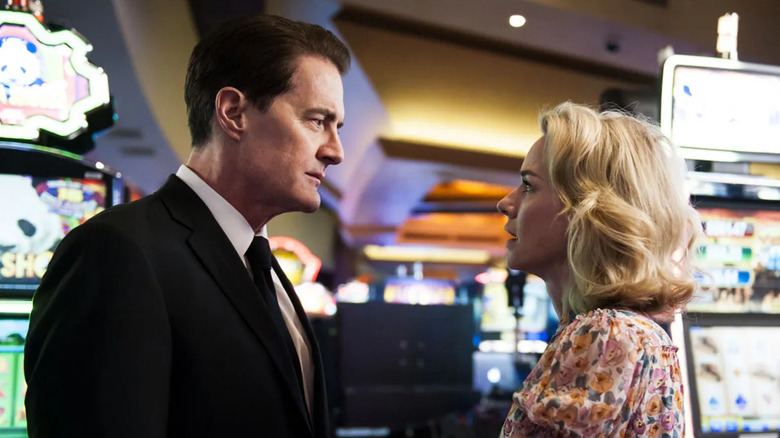 Kyle MacLachlan as Special Agent Dale Cooper and Naomi Watts as Janey-E Jones, talking in a casino in Twin Peaks.