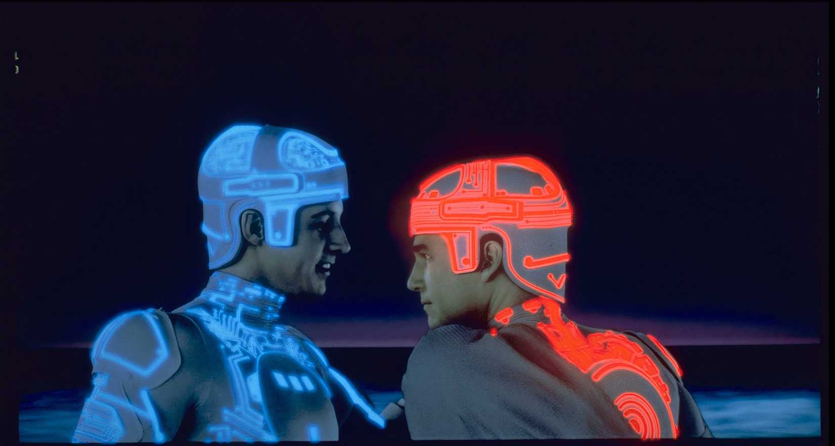 Two characters from Tron with neon lights on their bodies